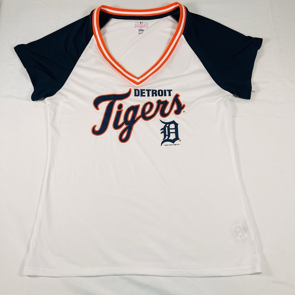 Women's MLB DETROIT TIGERS Baseball Jersey Shirt Size XL White Orange Navy Blue
